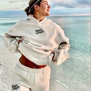 HAPPY CAMPER Cream Matching sweatshirt hoodie and  Jogger Set NWOT